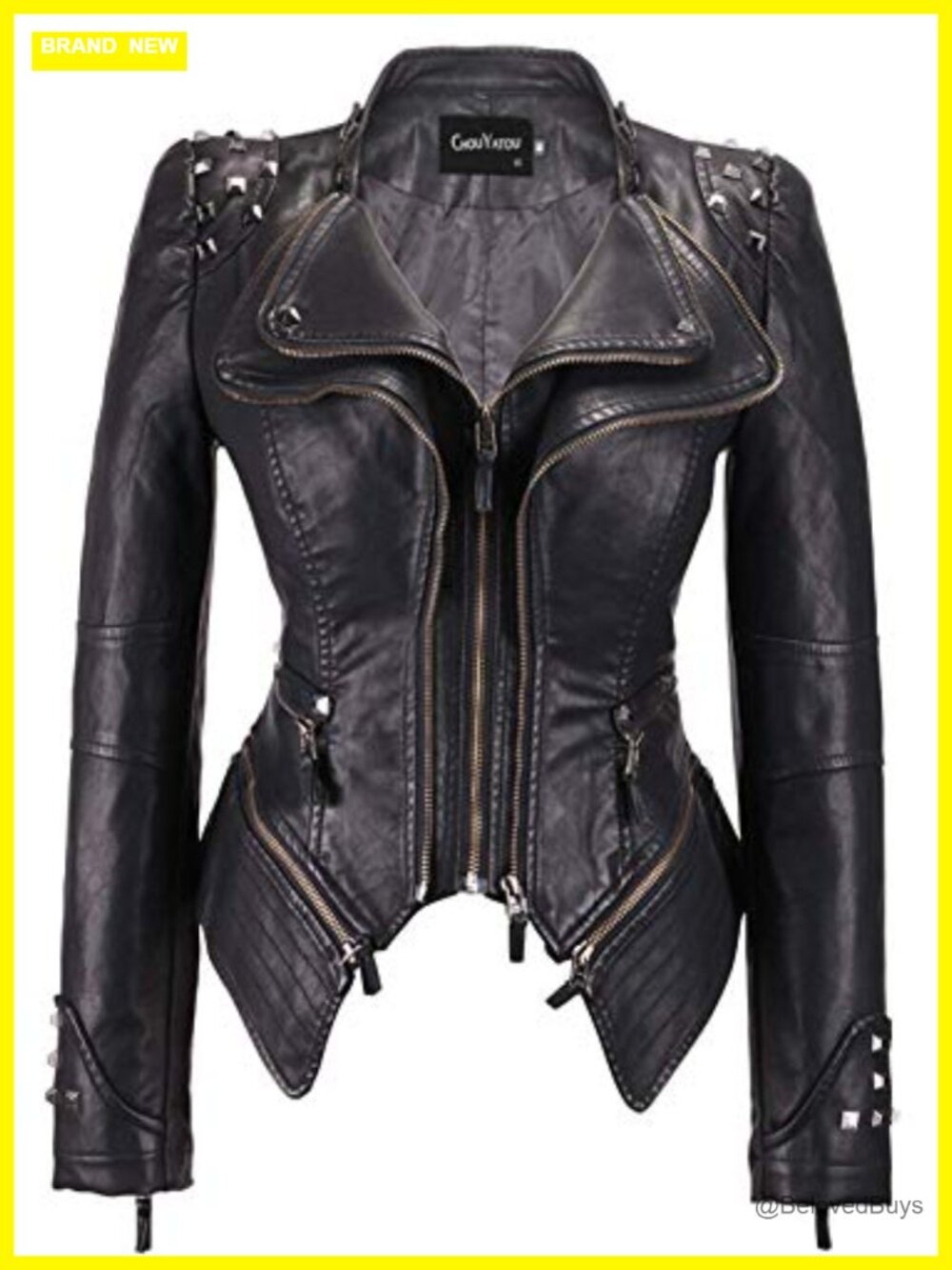 Faux Leather Moto Jacket with Studs for Women, Fitted, Long Sleeve,